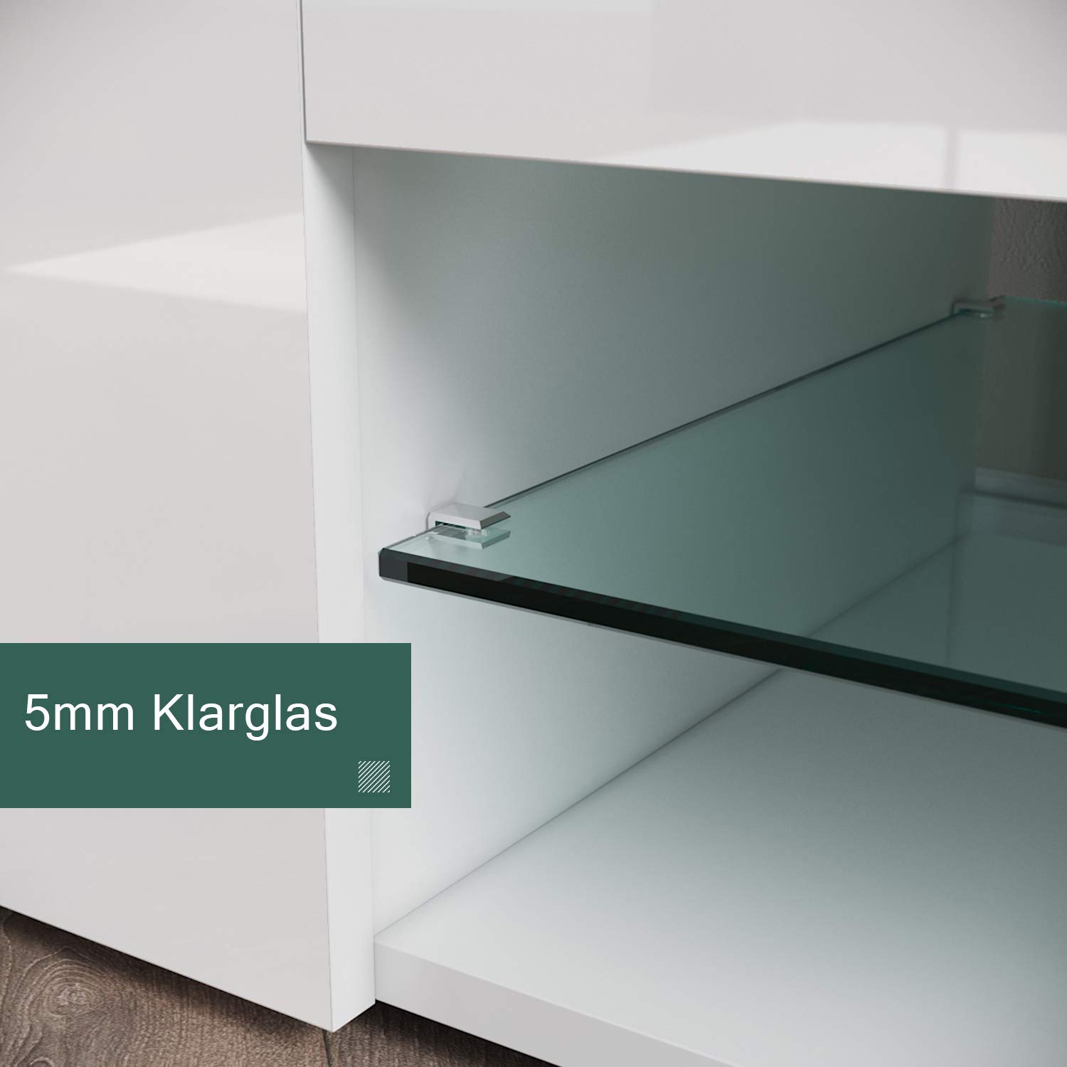 SONNI TV Schrank, Fernsehtisch, TV Lowboard Hochglanz, TV-Regal, 12-LED-Farben, Glasböden, Fehrnser Tisch 135 cm breit, 135x39x30cm, Weiß, GTV003W-WHITE-3.