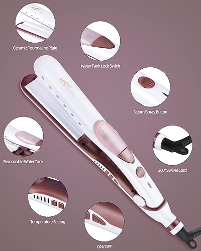 Miniatura 7 de HS Onsing Plancha de vapor para el cabello, plancha profesional de titanio y cerámica con temperatura ajustable de 5 niveles, doble voltaje y