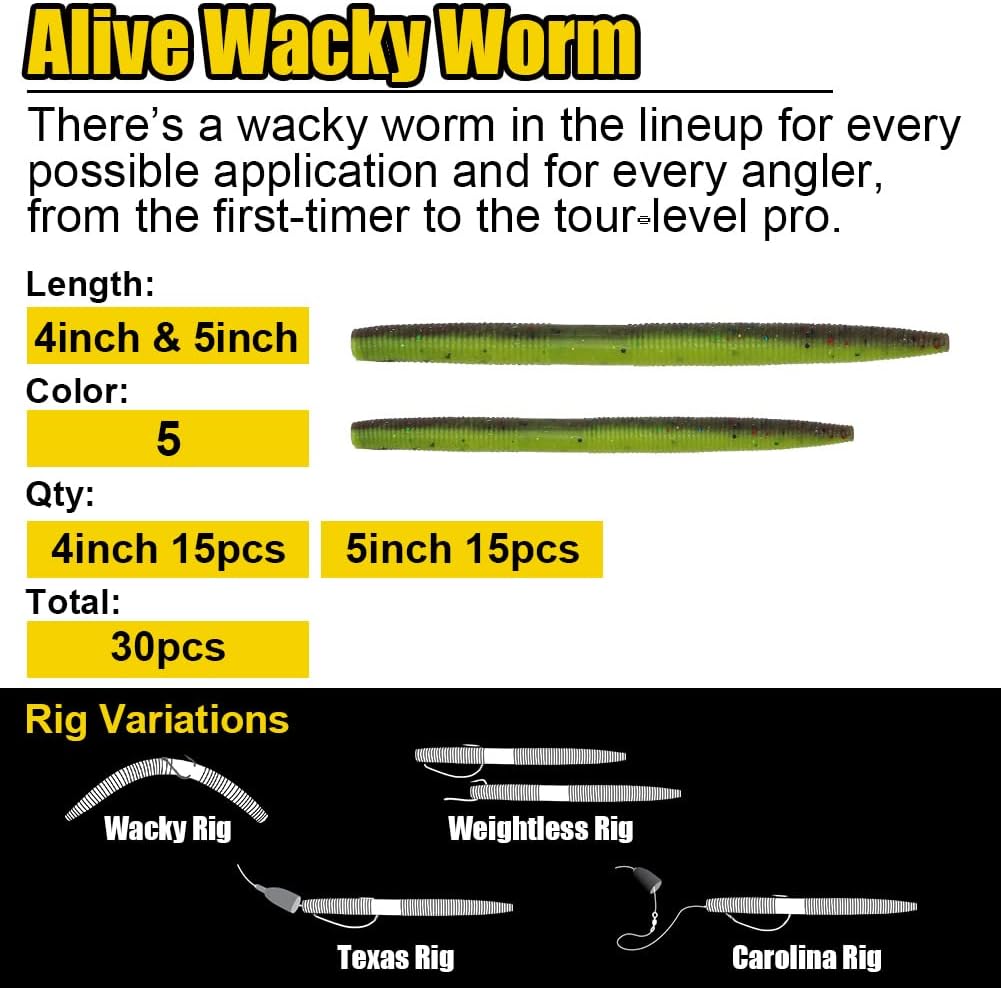 Wacky-Worms-Bass-Fishing-Lure-Kit-Wacky-Rig-Worms-Soft-Plastic-Stick-Baits3 4" 5" 6 inch