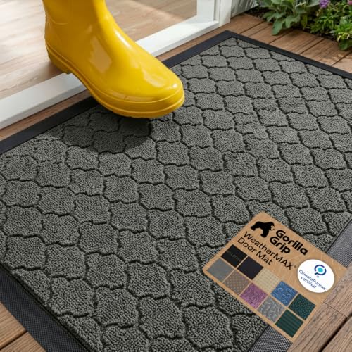 Image of GORILLA GRIP WeatherMAX Door Mat, Indoor Outdoor, 29x17, Gray Quatrefoil