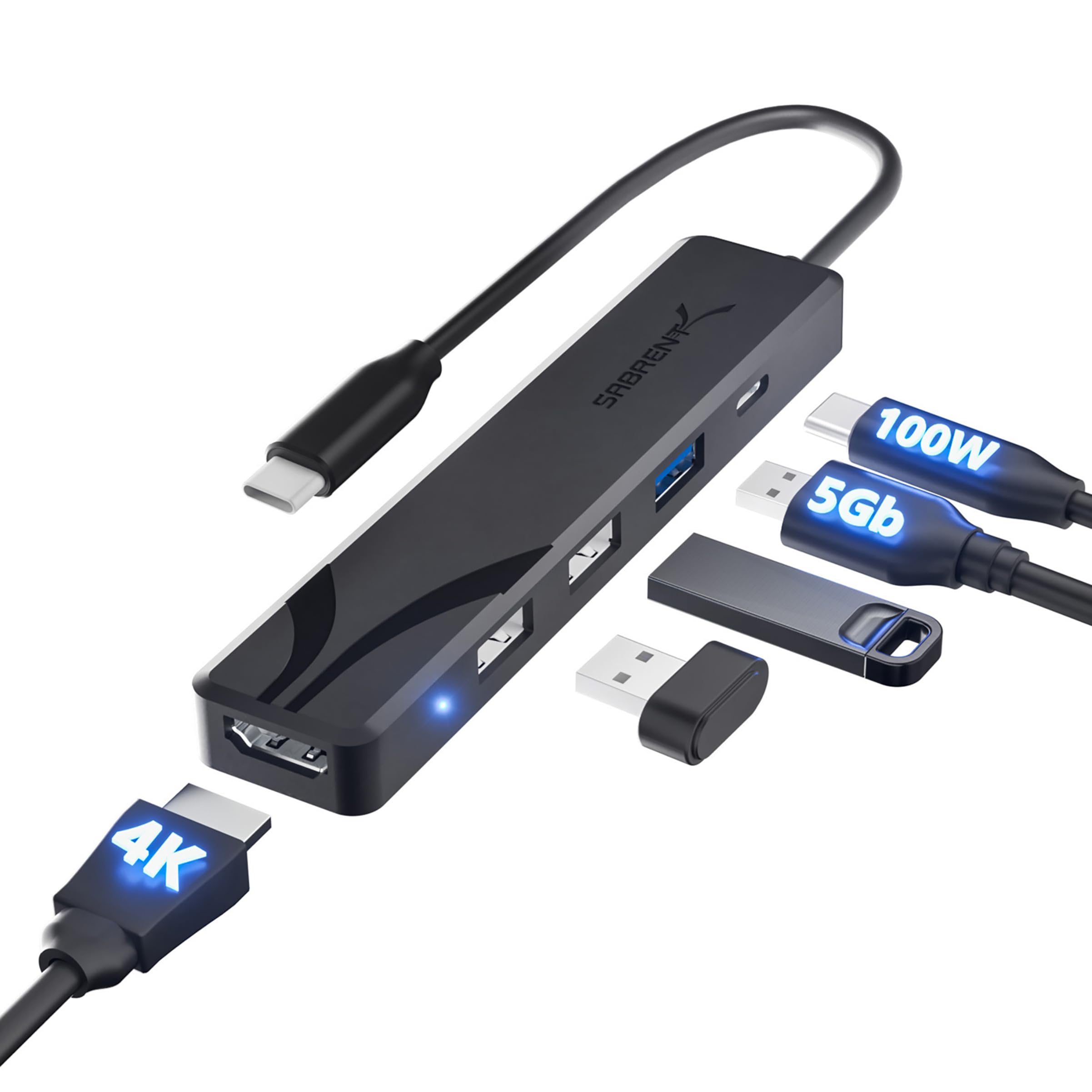 SABRENT USB C Hub mit HDMI 4K 60Hz, 3X USB A, PD 100W Ladegerät, 5-in-1 Multiport Adapter Mehrfach Dock, USB-C Port Dongle kompatibel mit MacBook, iPhone 15/16, iPad, Steam Deck, Laptop, PC (HB-TC5P)