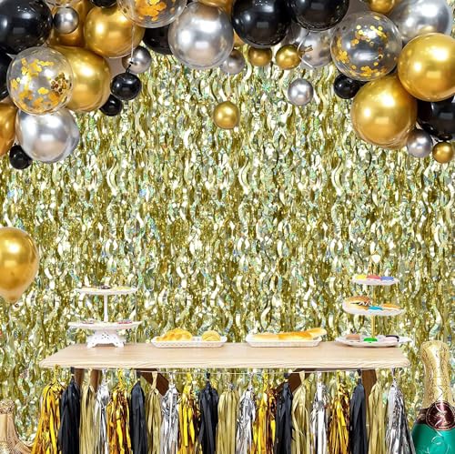 Image of TONIFUL 3Pcs Wavy Metallic Tinsel Foil Fringe Curtains Champagne Gold Streamer Backdrop for Photo Booth Props,Party Door Wall Curtains Bachelorette Wedding Birthday New Year Decor (9.9ft x 6.6ft)