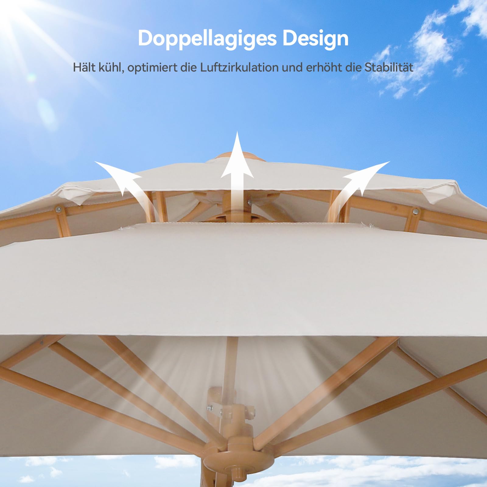 Sonnenschirm Balkon 300cm Gartenschirm Ampelschirm mit Kurbel UV-Schutz,Doppel-Top Design,Kurbelschirm mit 6 robusten Streben,für Garten Terrasse Balkon, inkl, Beige