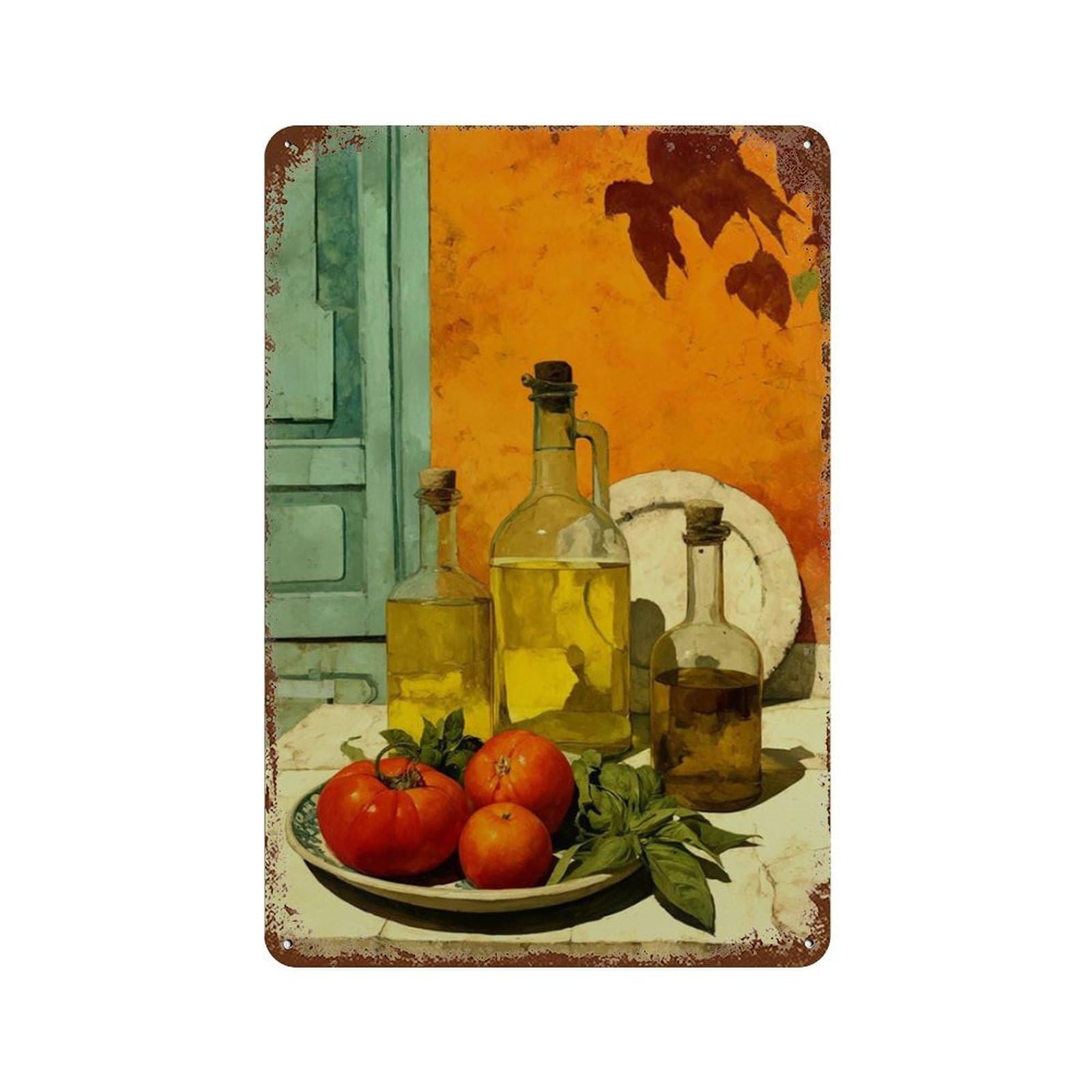 xiaoxiaoshen Mediterranean Still Life Tomato And Olive Oil Rustic Kitchen Painting Wall Decor Art Metal Tin Poster Modern Home Decor Art Home Bar Shop Decorations Vintage Sign 30x20cm