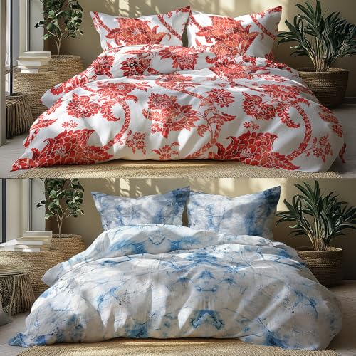 Image of LANE LINEN 210TC Cotton Bedsheet Set Super King - Pack of 2 (6-Piece) | 2 Bedsheets & 4 Pillow Covers | Soft, Breathable, Digital Print - Floral Red & Abstract Blue