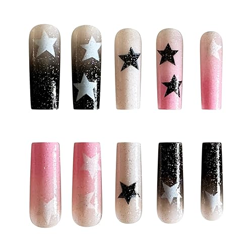 Miniatura 5 de 24 uñas postizas medianas a presión en forma de ataúd, uñas postizas blancas, negras, rosas y blancas, patrón de estrellas y diseños de purpurina,