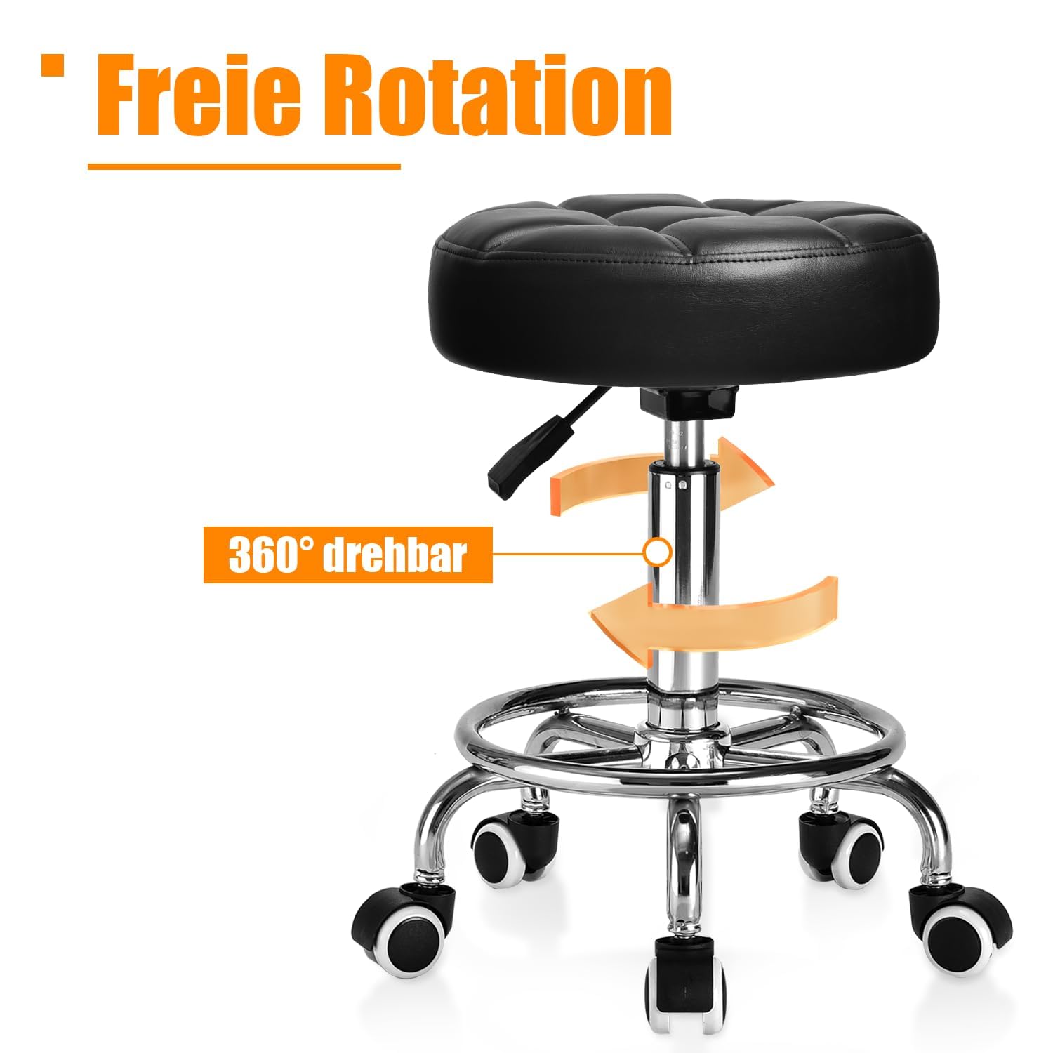Rollhocker PU Leder Rund Gepolstert, Arbeitshocker Höhenverstellbar Rollen mit Fußstütze , 360° - Drehung Drehocker ，Tragfähigkeit 150kg für Spa Zeichnung Salon Arbeit Büro Tattoo Hocker. (Tinte)