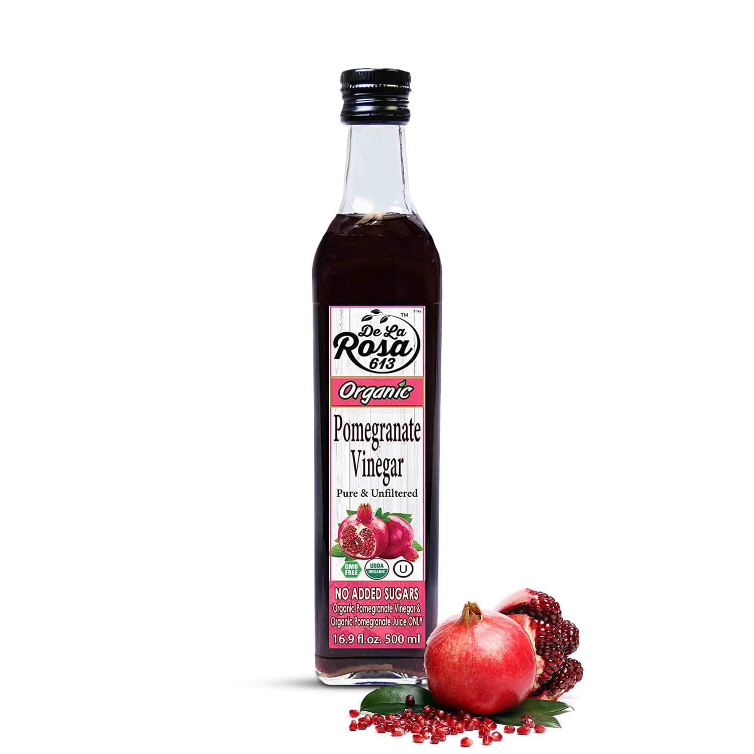 De La Rosa Organic Pomegranate Vinegar, Pure & Unfiltered, Vegan, Gluten Free & Kosher, Great for Salad Dressing, Marinades, 100% Pure Pomegranate Vinegar 16.9 Oz (pack of 1)