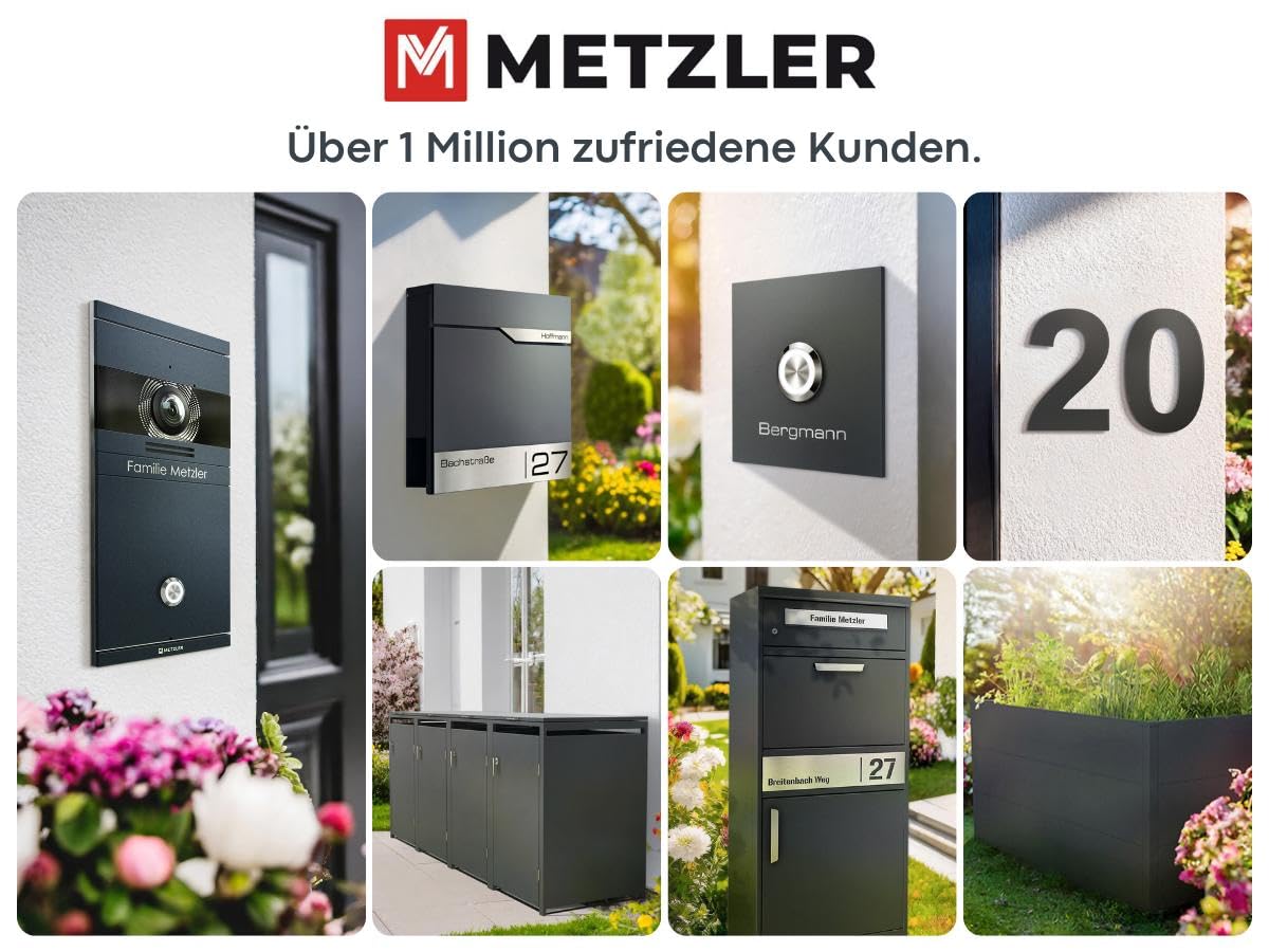 Metzler Briefkasten Anthrazit RAL 7016 personalisierbar mit Zeitungsfach – Wandbriefkasten mit 2 Edelstahl Namensschildern, Hausnummer & Namen Gravur, wetterfest, abschließbar, DIN A4 Einwurf