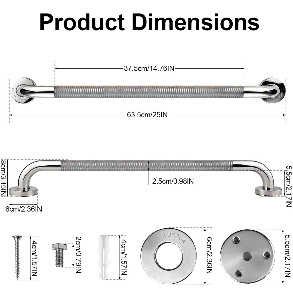 Barra de Agarre Antideslizante 60cm,Agarraderas Baño para Mayores 60cm,Acero Inoxidable Barra ​Asidero Ducha Personas Mayores Barras de Apoyo para Baño Agarrador Ducha