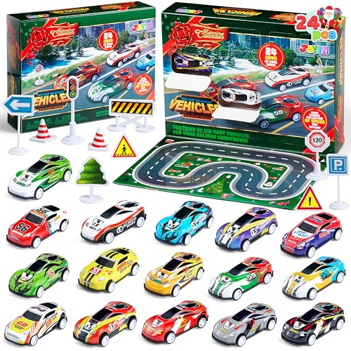 JOYIN 2025 Christmas Advent Calendar, 24 Days Christmas Countdown Pull Back Vehicles for Boys Girls Toddlers Kids, Xmas Party Toy Gifts, Kids Xmas Fun Gifts, Christmas Party Toy Gifts