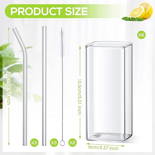 Miniatura 2 de Sumind Juego de 6 vasos cuadrados de vidrio de 13 onzas, moderno juego de cristalería Highball, vasos de cóctel delgados con popotes y cepillos para