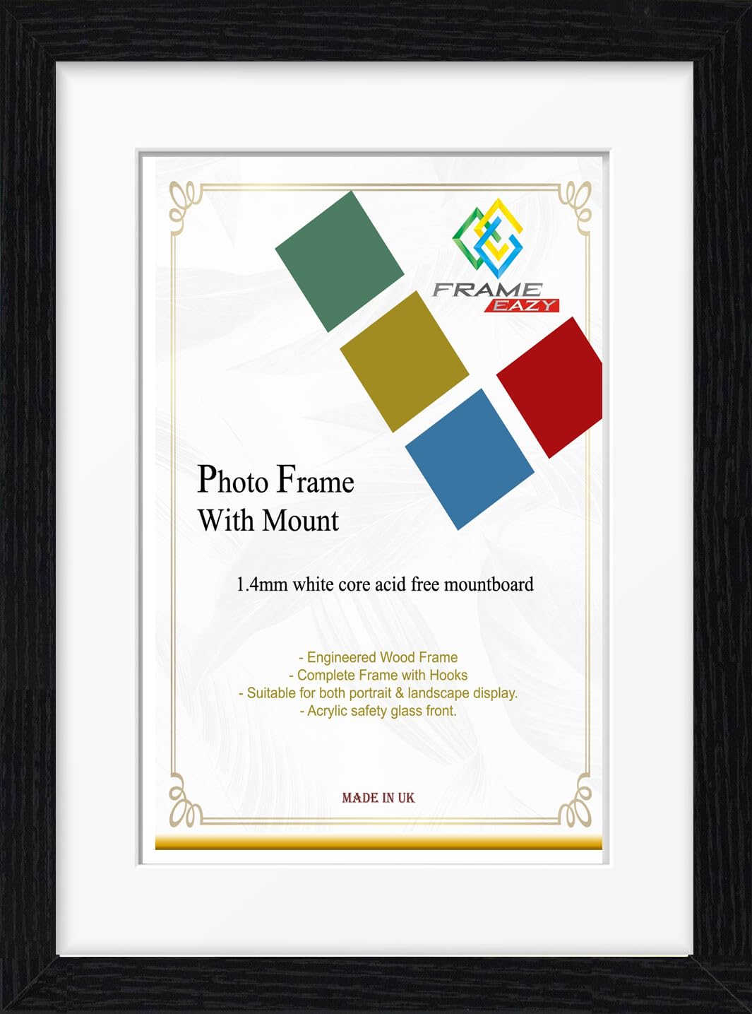 FRAME EAZY Modern Black Photo Picture Frame Poster Certificate Frames with White Mount – 70x50 For 60x40cm Picture