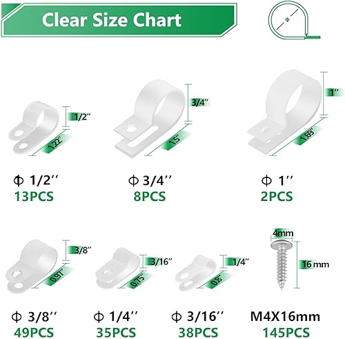 Miniatura 4 de Clips de cable para organizador de cables, 6 tamaños, 290 piezas, nailon tipo R, 316 pulgadas, 14 pulgadas, 38 pulgadas, 12 pulgadas, 34 pulgadas, 1