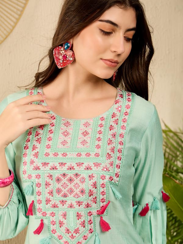 Image of Vaamsi Women's Rayon Solid Straight Embroidered Kurta Salwar Set With Tassels