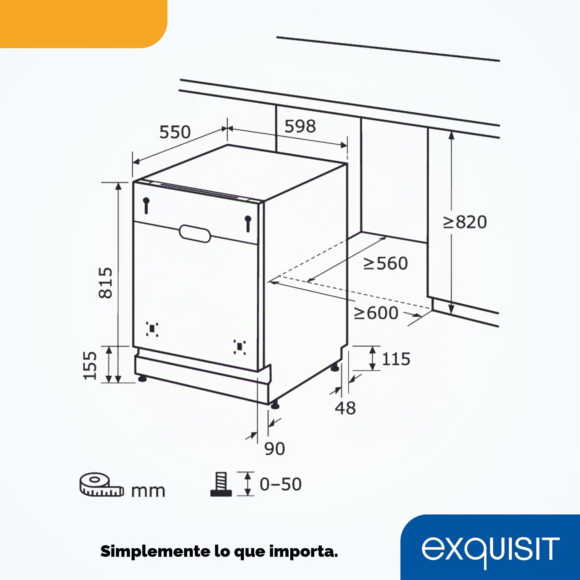 Exquisit® Lavavajillas Integrable 60cm, 13 Servicios, Clase E, Interior de Acero Inoxidable, Función Secado Extra, Cesto Regulable en Altura, Display LED, Medidas (81,5 x 59,8 x 55,0 cm)