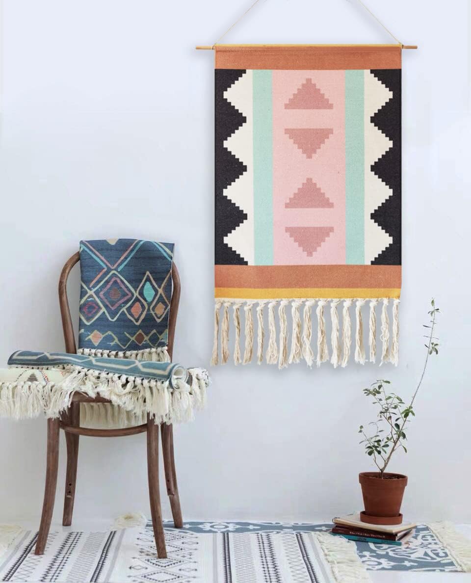 Macrame Woven Wall Tapestry Hanging Art, 20 x 34 Extra Large Boho Chic Bohemian Morocco Colorful Geometric Printed Tapestries Decor for Apartment Dorm Kids Living Room Bedroom Door Entrance (Wave)