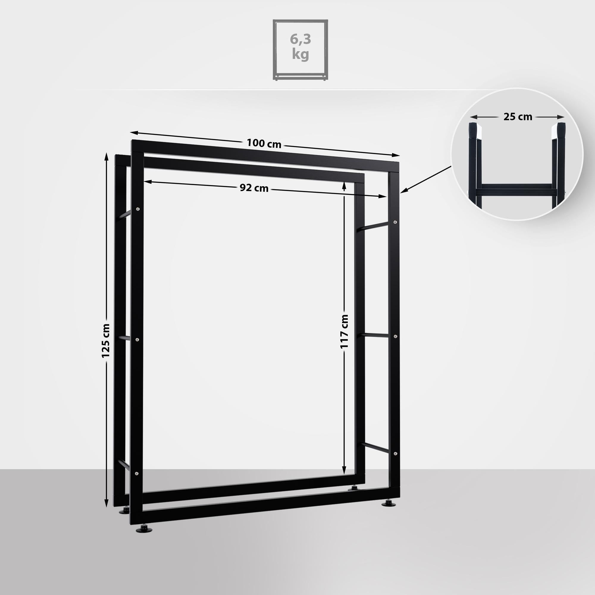 CLP Porte-bûches pour Bois De Cheminée Keri V2 en Métal Noir I Porte-Bois De Chaminée Solide Et Moderne I Support pour Bûches, Couleur:Noir, Taille:25x100x125 cm