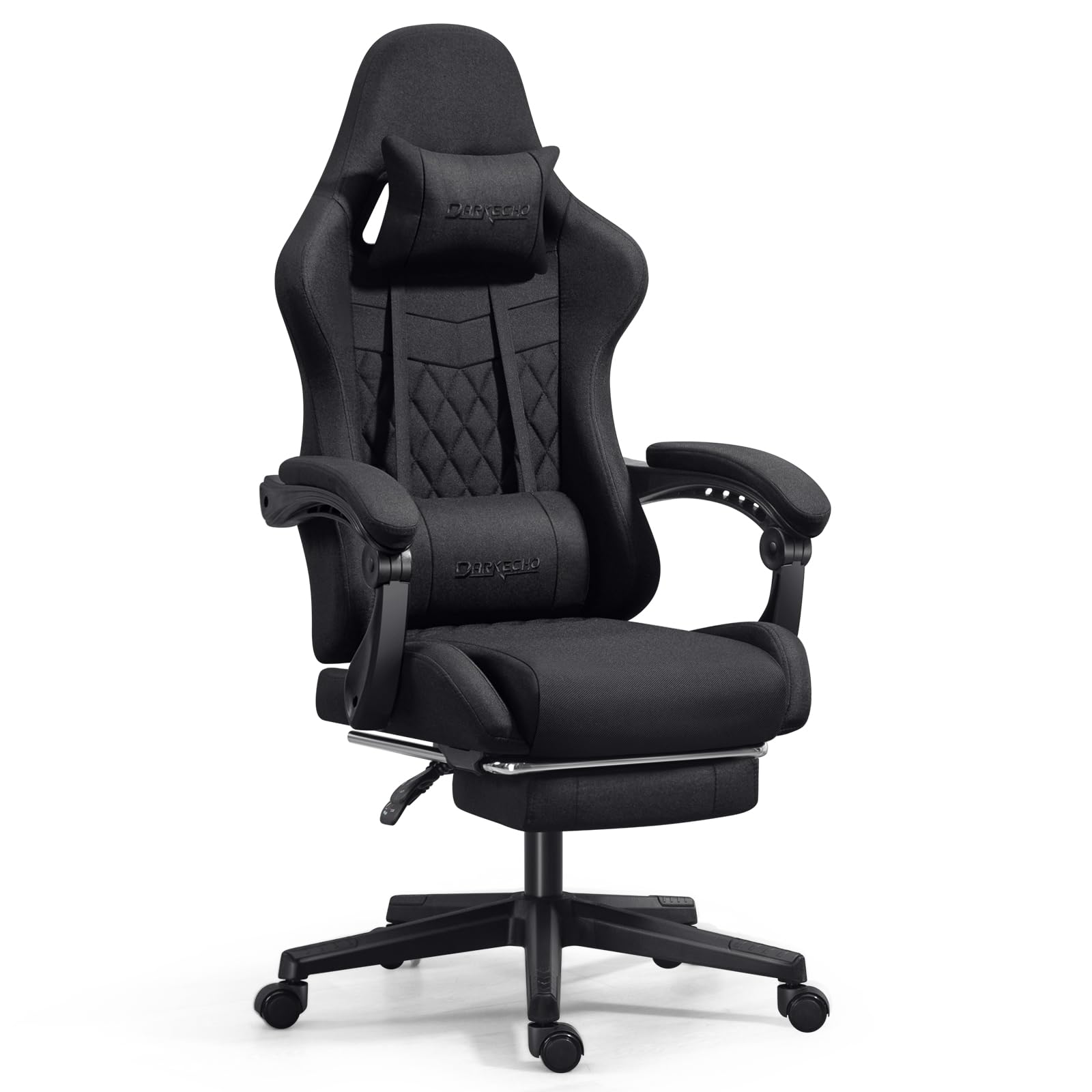 Darkecho Gaming Chair Fabric with Footrest,Massage Office Chair with Pocket Spring Cushion and Linkage Armrests,Ergonomic Adjustable Desk Computer Chair with Headrest and Lumbar Support Black