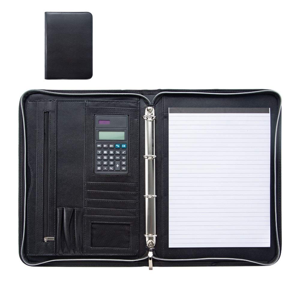 Carpeta de conferencias de cuero para negocios, bolsa A4 con cremallera, carpeta de conferencias con carpeta calculadora para escuela, negocios, viajes, negocios, bolsa de documentos (negro