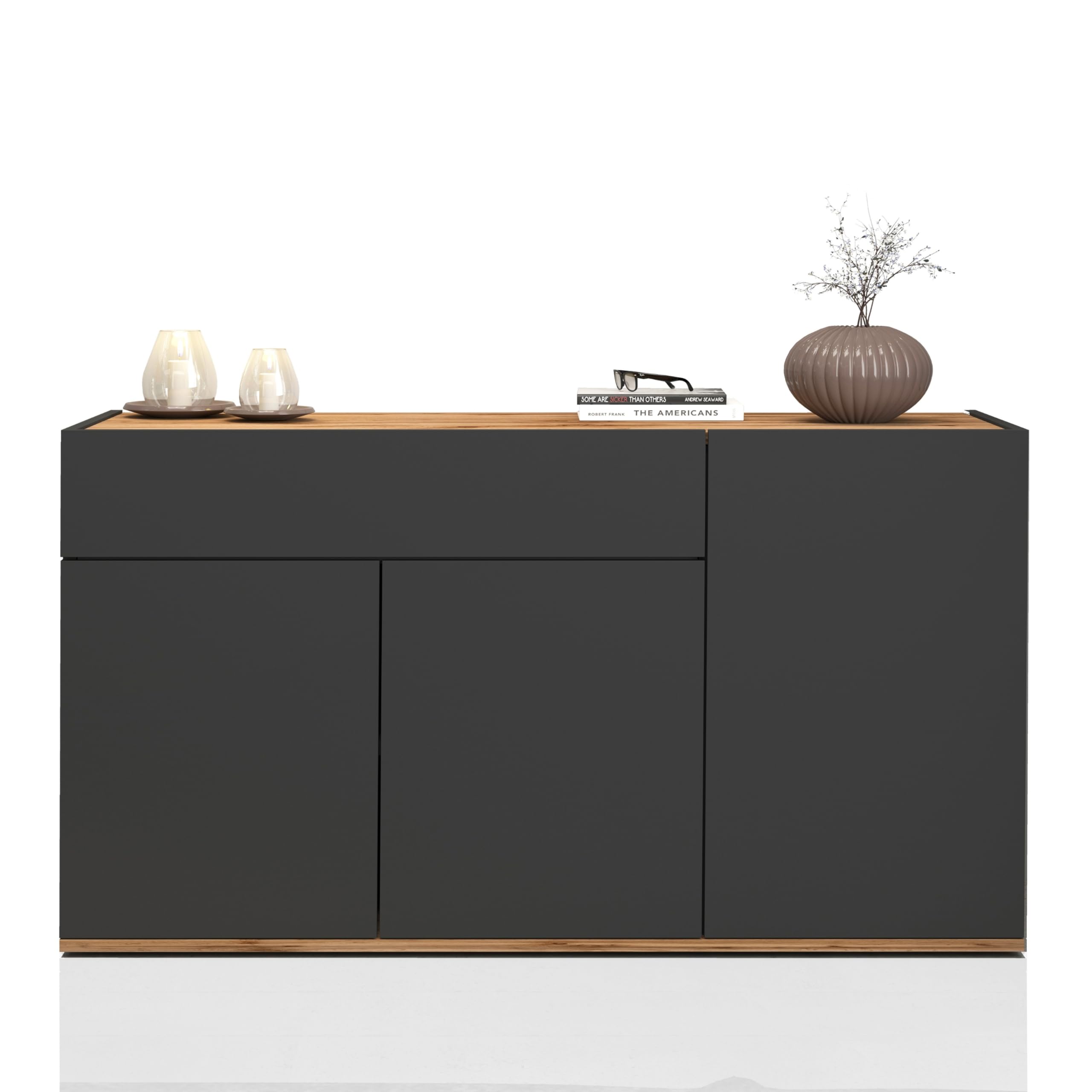 WHOUS Buffet Garda pour Salon avec 1 Tiroir et 3 Portes, bahut pour Salon, Cuisine et Salle à Manger, 120,1 x 35 x 70 cm, Anthracite Brillant et Chêne