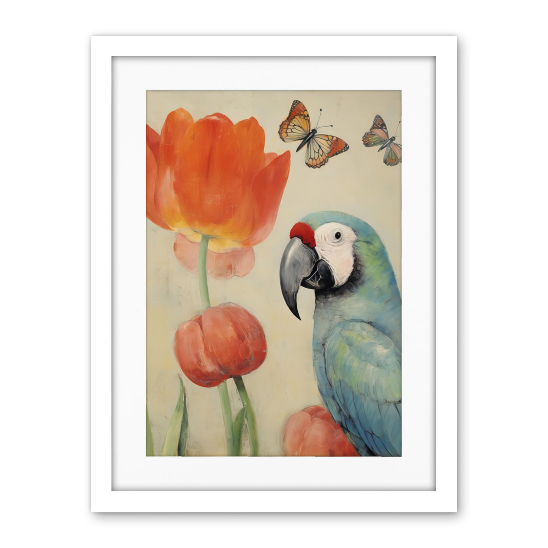 Artery8 Parrot and Tulips Flowers Butterflies Pastel Colour Artwork Floral Spring Oil Painting Artwork Framed Wall Art Print 18X24 Inch