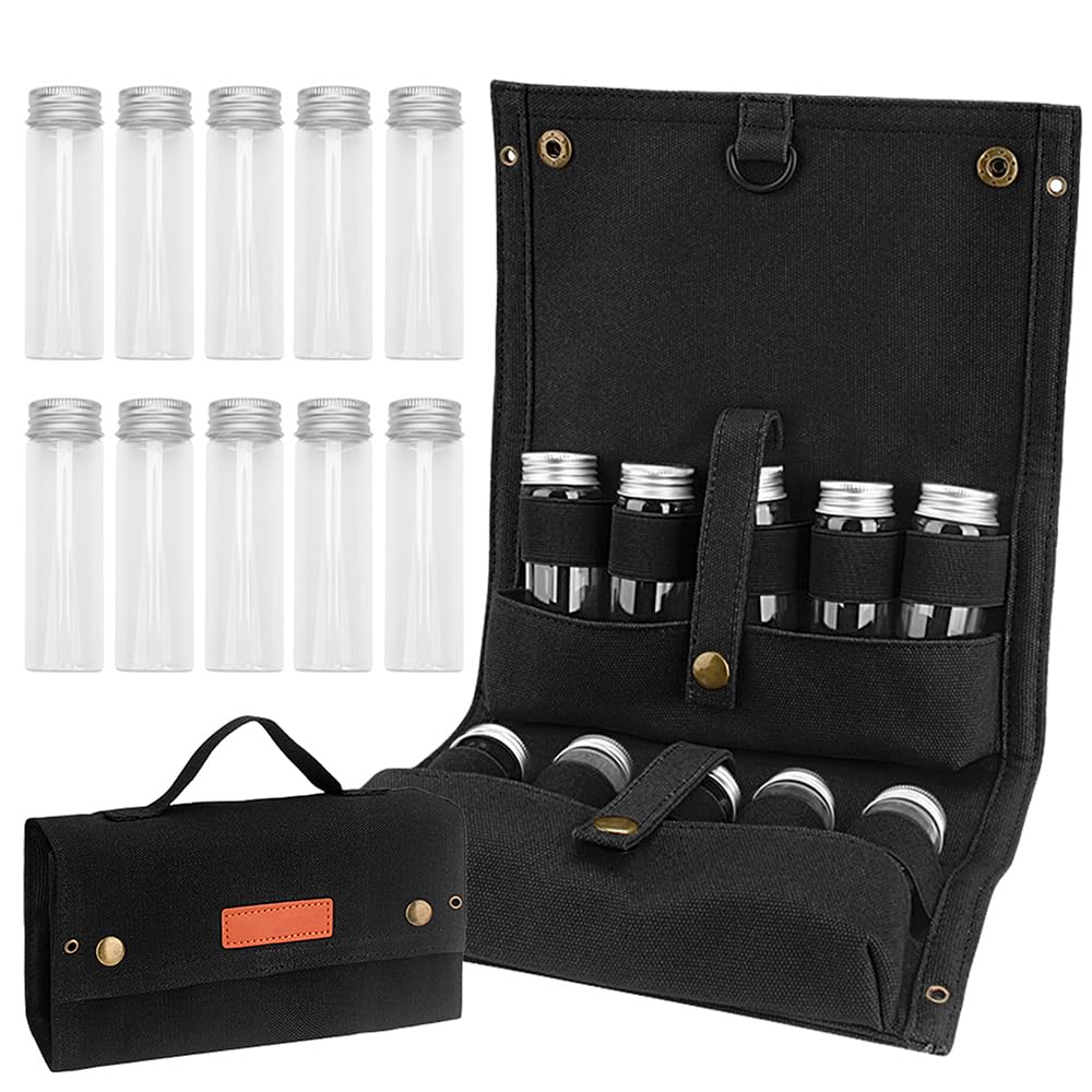 Hapivida Portable Seasoning Bag, Camping Seasoning Kit with 10 Jars Foldable Canvas Seasoning Storage Bag Organizer Condiment Container Set for Travel Outdoor Camping BBQ Picnic ๏ปฟ (Black)