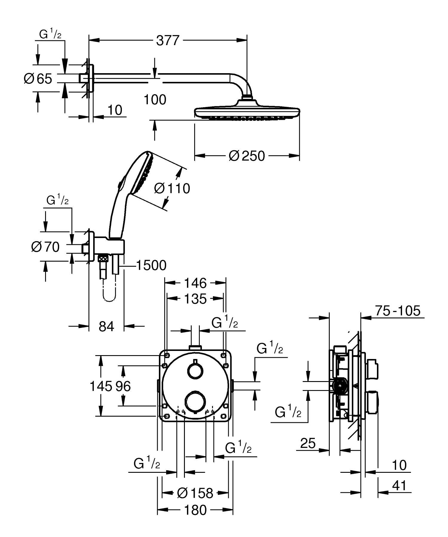 GROHE Precision Thermostatique Ensemble de Douche Encastré 2 sorties (Douche de Tête Vitalio Start 250, Pommeau de Douche Vitalio Start 110 2 jets, Support Mural et Flexible 1, 5 m), Chromé, 34883000