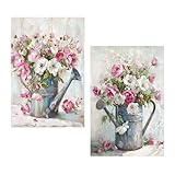 Set mit 2 natürlichen Leinwandbildern mit Gießkanne und Blumen in Weiß, Grau und Rosa, 40 x 60 x 3 cm