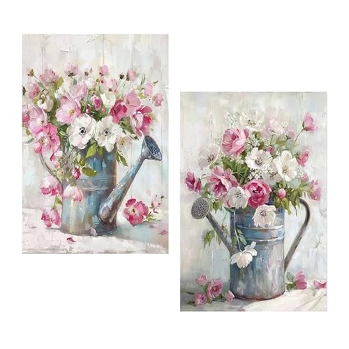 Set mit 2 natürlichen Leinwandbildern mit Gießkanne und Blumen in Weiß, Grau und Rosa, 40 x 60 x 3 cm