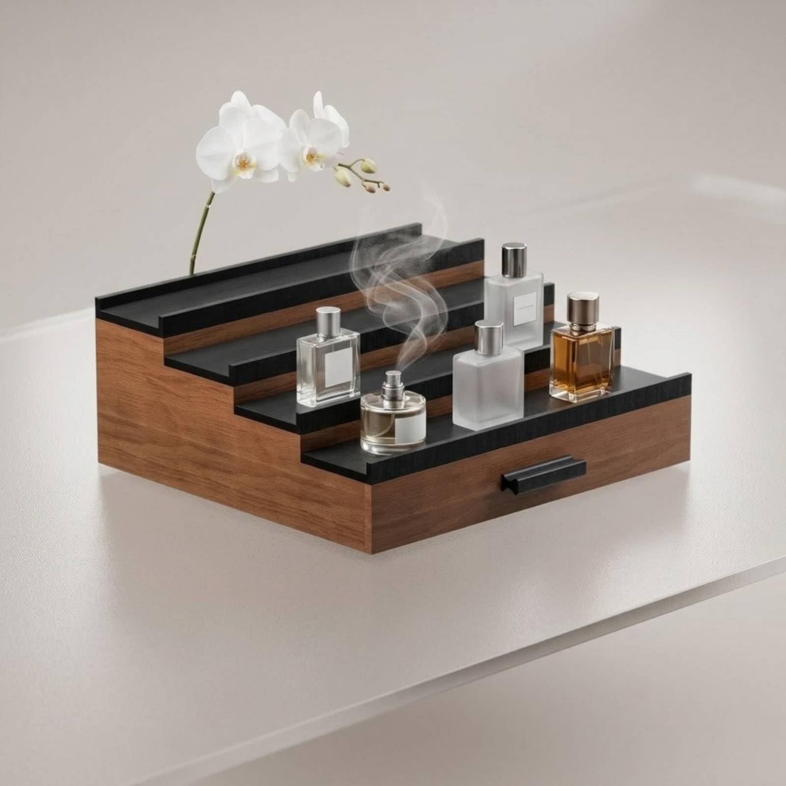 Présentoir en Bois avec Tiroir Robuste Rangement à Parfums avec Compartiment Caché Organisateur Maquillage pour Chambre, 32 29.2 14cm, Quatre Niveaux, Style Un