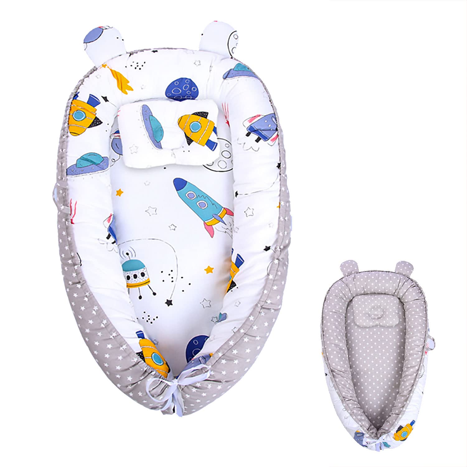 Moonmen Baby Nest Sleeper with Pillow, Baby Lounger for Newborn, Ultra Soft 100% Cotton & Breathable Baby Nest for Co Sleeping, Foldable, Removable And Washable (Spacecraft)