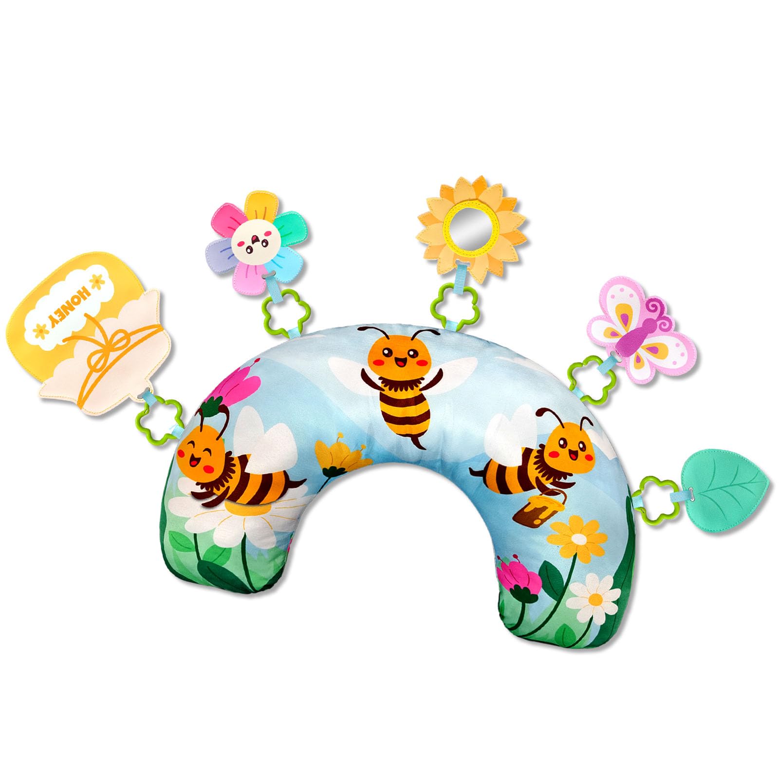 BOHEMIABY Bee Baby Tummy Time Pillow, Toddler Sensory Toys, Newborn Tummy Time Mirror with Removable Sunflower Mirror