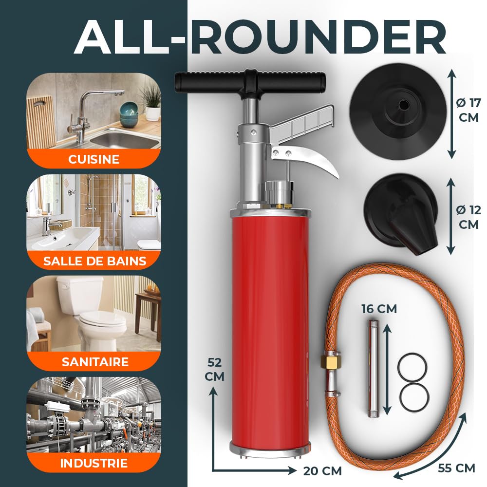 Pompe de nettoyage de tuyaux XXL [8 bar] – Pompe de vidange pour un nettoyage efficace des tuyaux – Déboucheur de tuyaux à air comprimé idéal pour l'industrie, la cuisine, la salle de bain et les