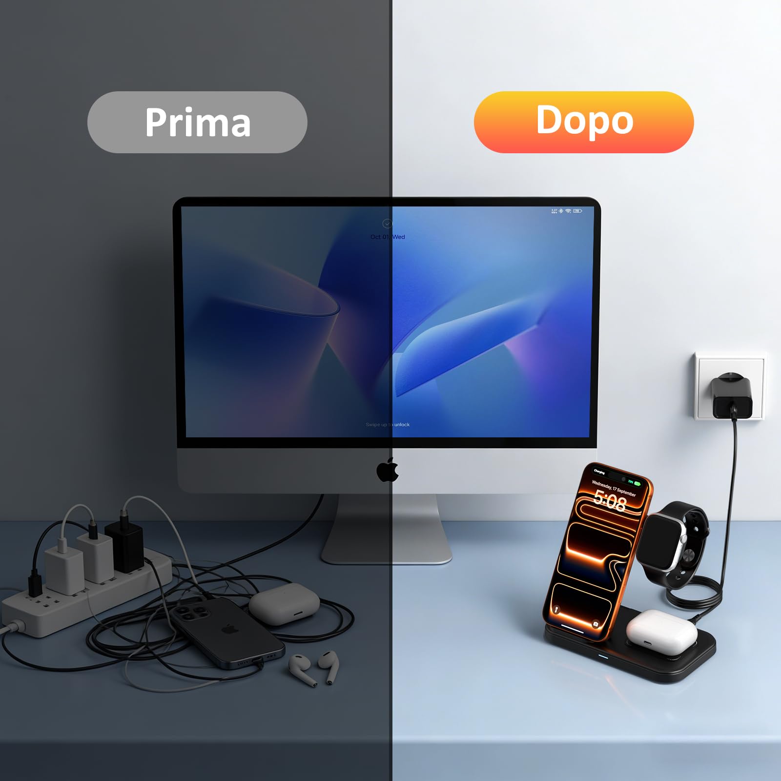 MANKIW Caricatore Wireless 3 in 1 per Apple, Stazione Ricarica per iPhone Air/17/16/15/14/13/12/11 Serie, Compatibile con Watch Ultra/11-2 e AirPods Pro 3/2/4
