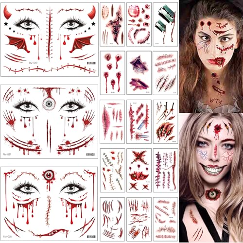 AEYAKA Tatuajes Temporales Tatuaje de Cicatriz de Halloween, Tatuaje de Herida Falsa Pegatinas Realista Heridas Tatuaje Cicatriz de Zombi Sangriento para Cosplay (Cicatrice-6)