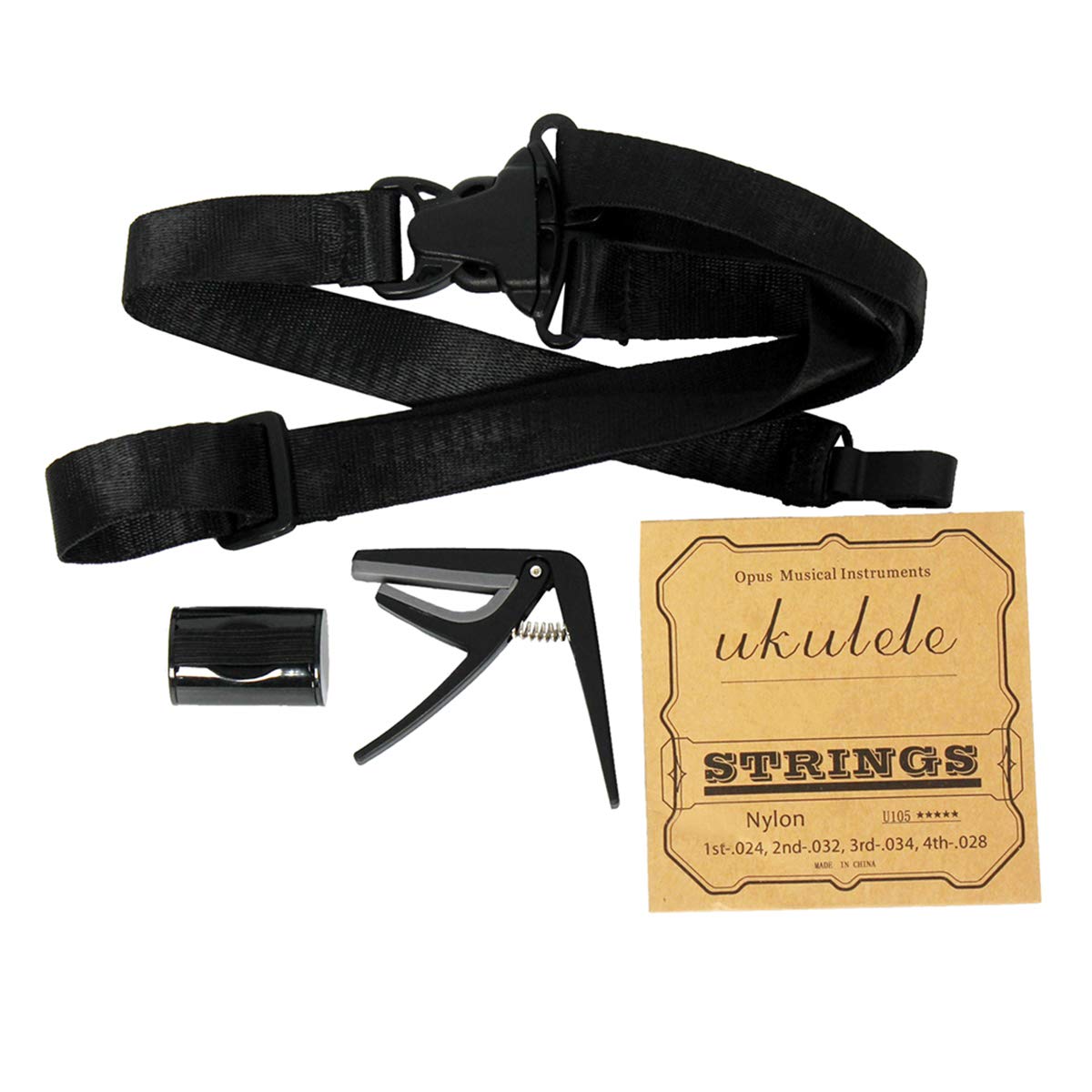 SUPVOX 4 In 1 Ukulele Accessories Set Clip On Adjustable Strap Ukulele Nylon Strings Capo Finger Rhythm Sand Shaker Maraca Ring For 17/23 / 26 Inch Ukulele (Black)