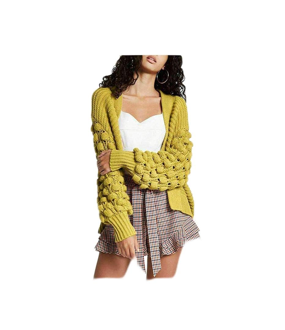 H&F® New Women Ladies Long Sleeve Italian Chunky Bubble Knit Open Front Long Aran Oversize Jumpers Boyfriend Cardigan Loose Knitwear Floaty Duster Jacket Granddad Sweater Size S-M, M-L Mustard