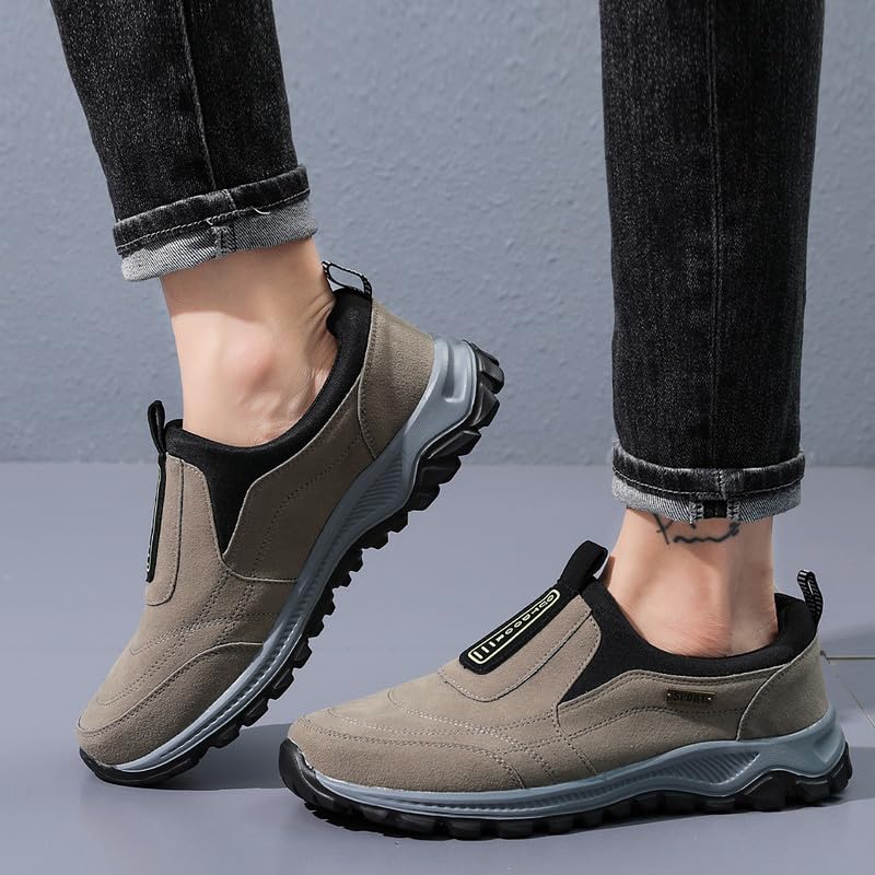 Men's Slip-On Athletic Sneakers, Suede Running Shoes, Lightweight Outdoor Sport Footwear, Black, Grey, Khaki4