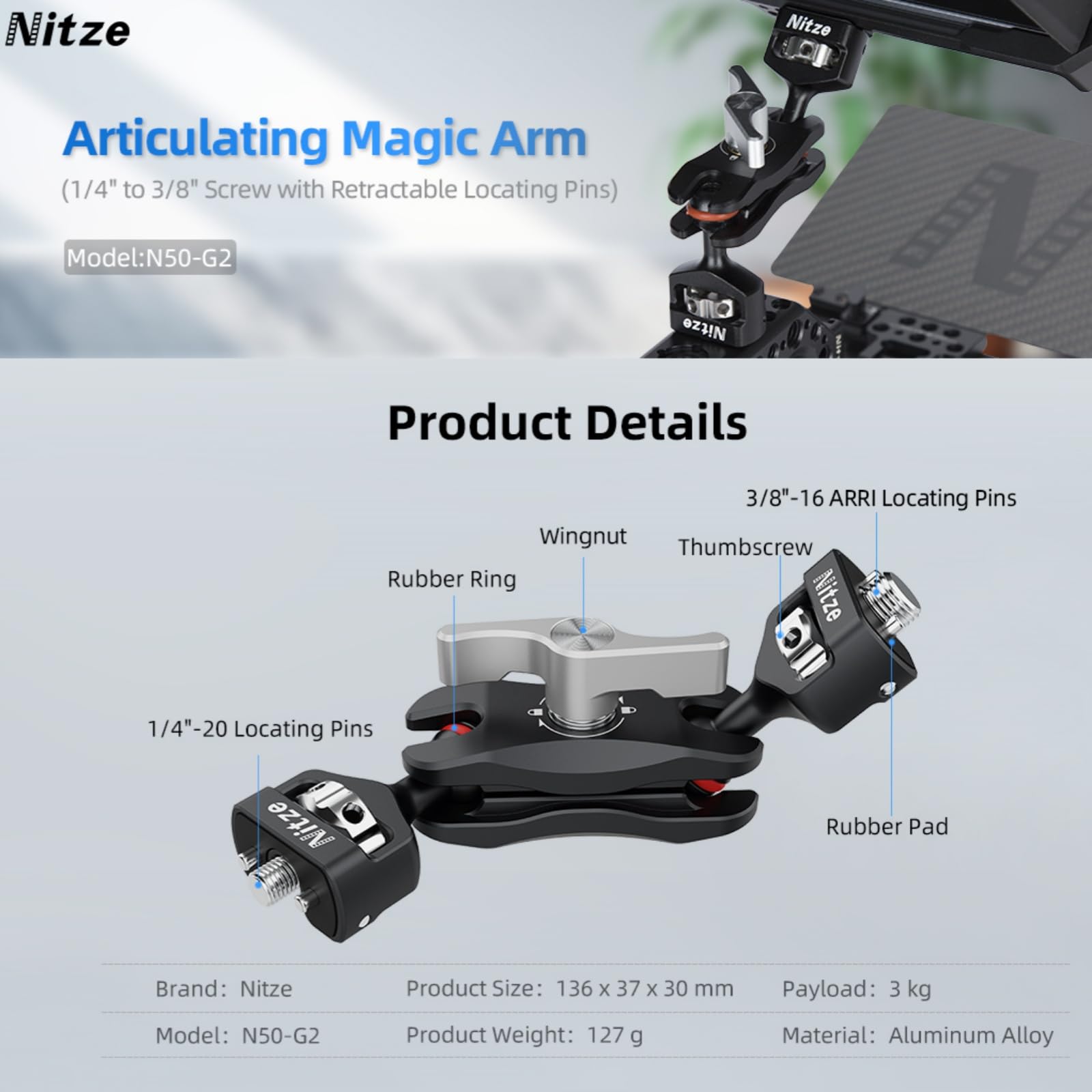 Nitze Magiczne ramię aparatu z przegubowym ramieniem z podwójnymi głowicami kulowymi (śruba 1/10.2 cm do 3/20.3 cm z wysuwanymi kołkami ustalającymi)