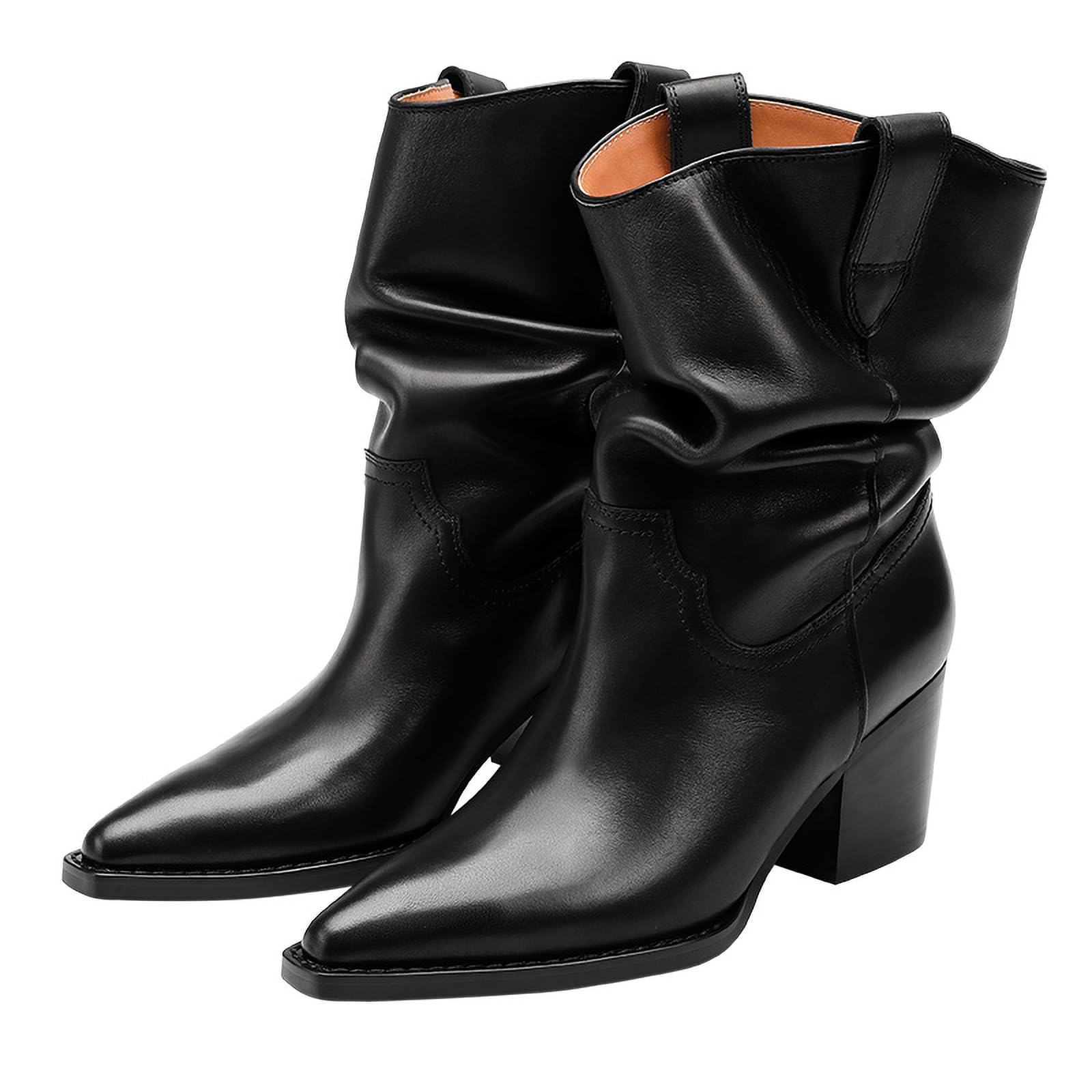 Slouchy Western Cowboy Boots for Women With Pull-Up Tabs Fashion Pointed Toe Pull On Stacked Block Heel Cowgirl