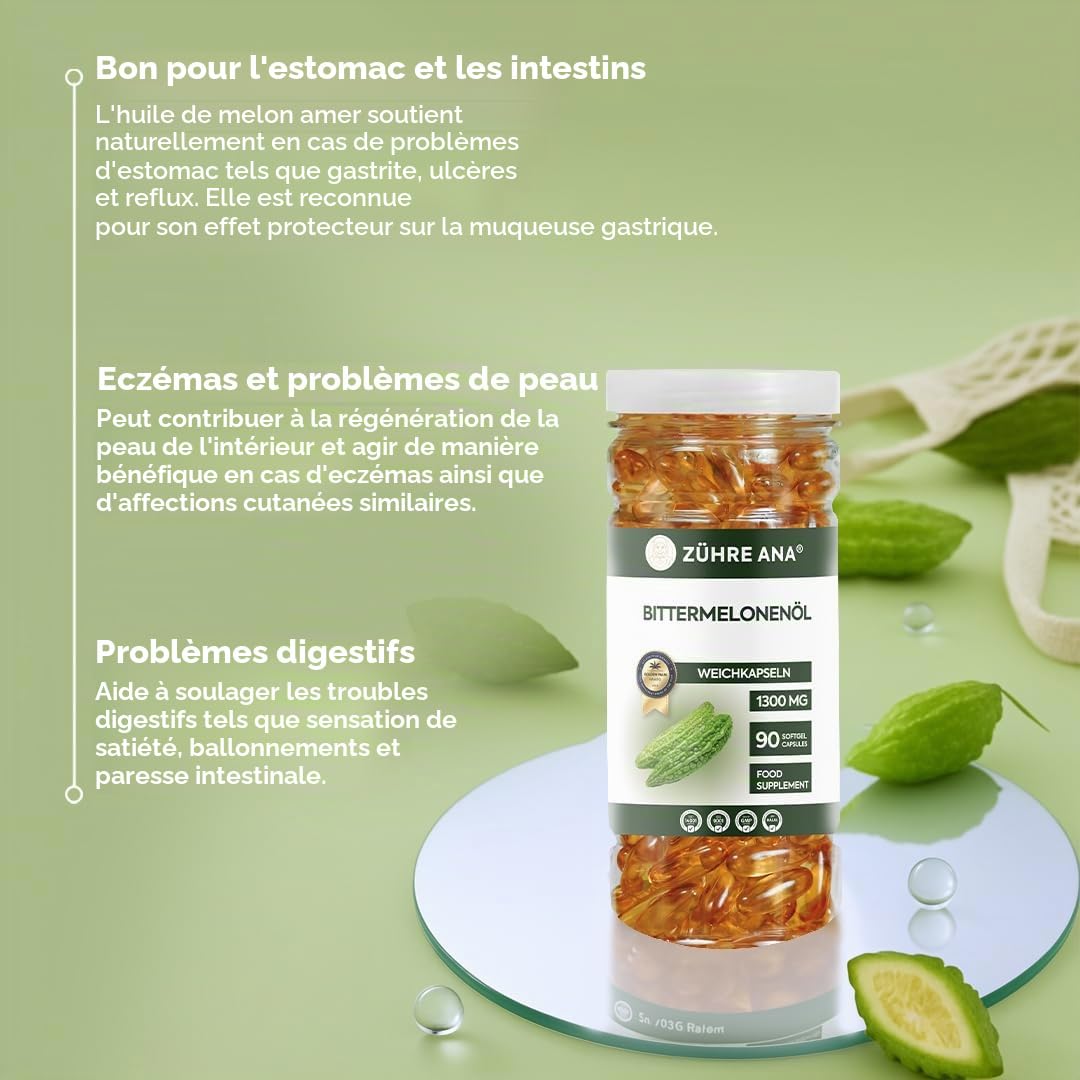 Zühre Ana Lot de 90 capsules d'huile de melon amer 1300 mg - Naturelle et pure - Facile à avaler