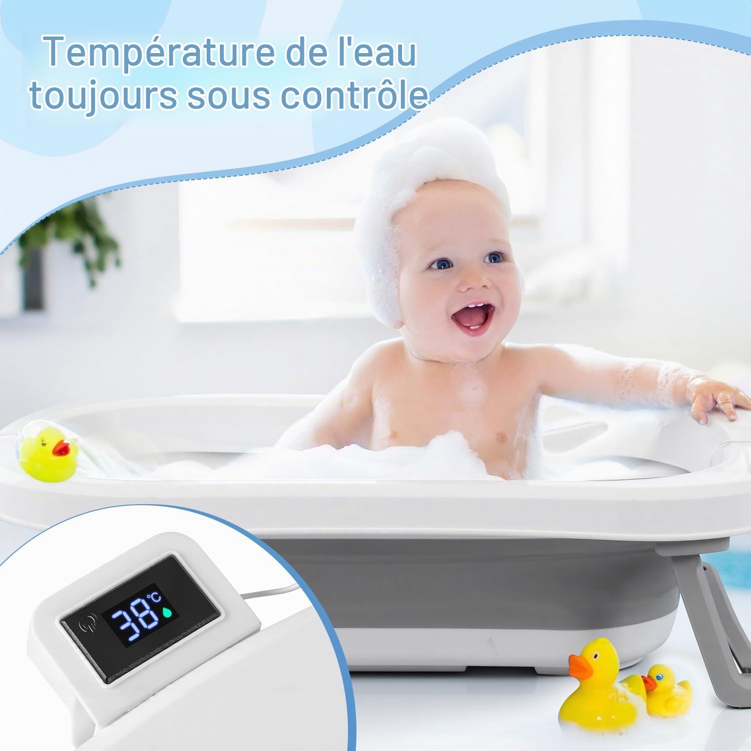 Baignoire pour bébé, pliable, avec structure et thermique, grise, avec siège de bain et thermomètre amovible, peu encombrante, pliable, pour nouveau-né à 3 ans