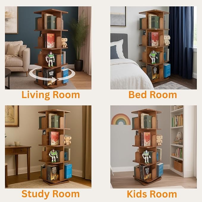 Image of Amazon Brand - Solimo Revolva 360 Rotating Bookshelf I 4 Tier Bookshelf I Wooden Book Stand & Bottom Turnplate for Office, Livingroom, Bedroom I Brown I 38L x 38W x 126H CM I DIY