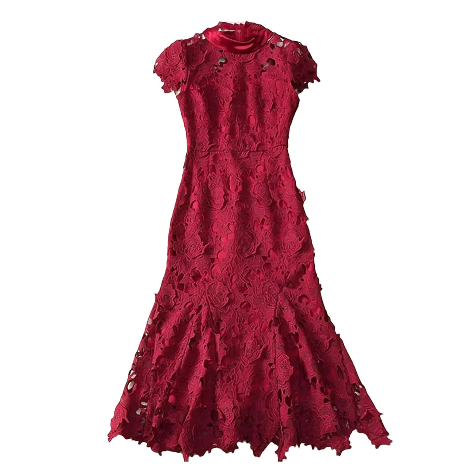Yeuyyben Moda Primavera Donne Vestito Manica Corta Stand Collare Chic Pizzo Scava Fuori Estate Elegante Partito Abiti