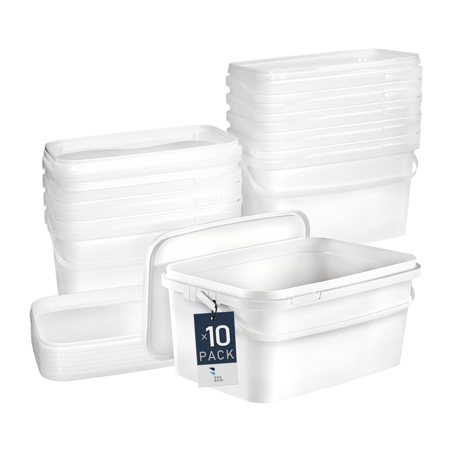 BenBow Rectangular bucket with lid 1.1 gal (10x 5L) white - food-safe, stackable plastic box with handle – empty
