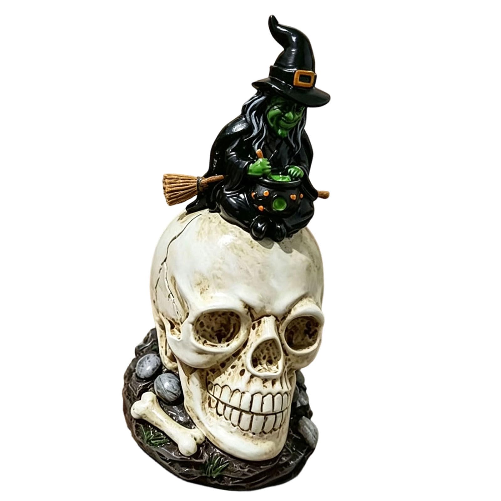 Halloween Shelf Decoration Skull Witch Figurine, Freestanding Resin Accent for Tabletop Scenes and Entryway Styling Halloween Tabletop Decoration Skull Witch Figurine Shelf Accent Gothic Centerpiece