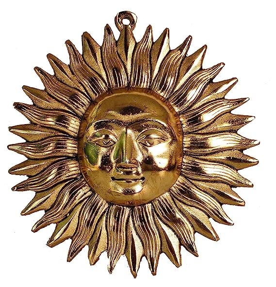 RSN Metallic Brass Surya Dev, Lord Sun Home Decor, Designer Wall Hanging Decoration Sculpture Vastu Figurine Surya for Positivity for Living Room, Home, Office for Protect Evil Eye (7.5 x 7.5 Inch, Golden)