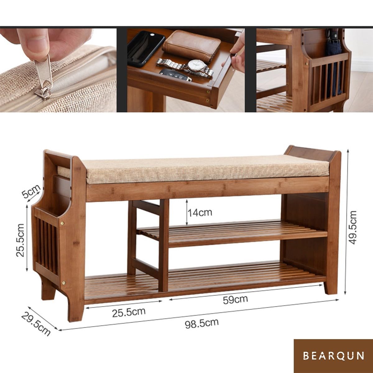 Banc à chaussures en bois avec assise rembourrée – 2 niveaux avec étagères réglables – Slish Sto pour couloir, chambre à coucher, salon – 100 cm x 30 cm x 50 cm
