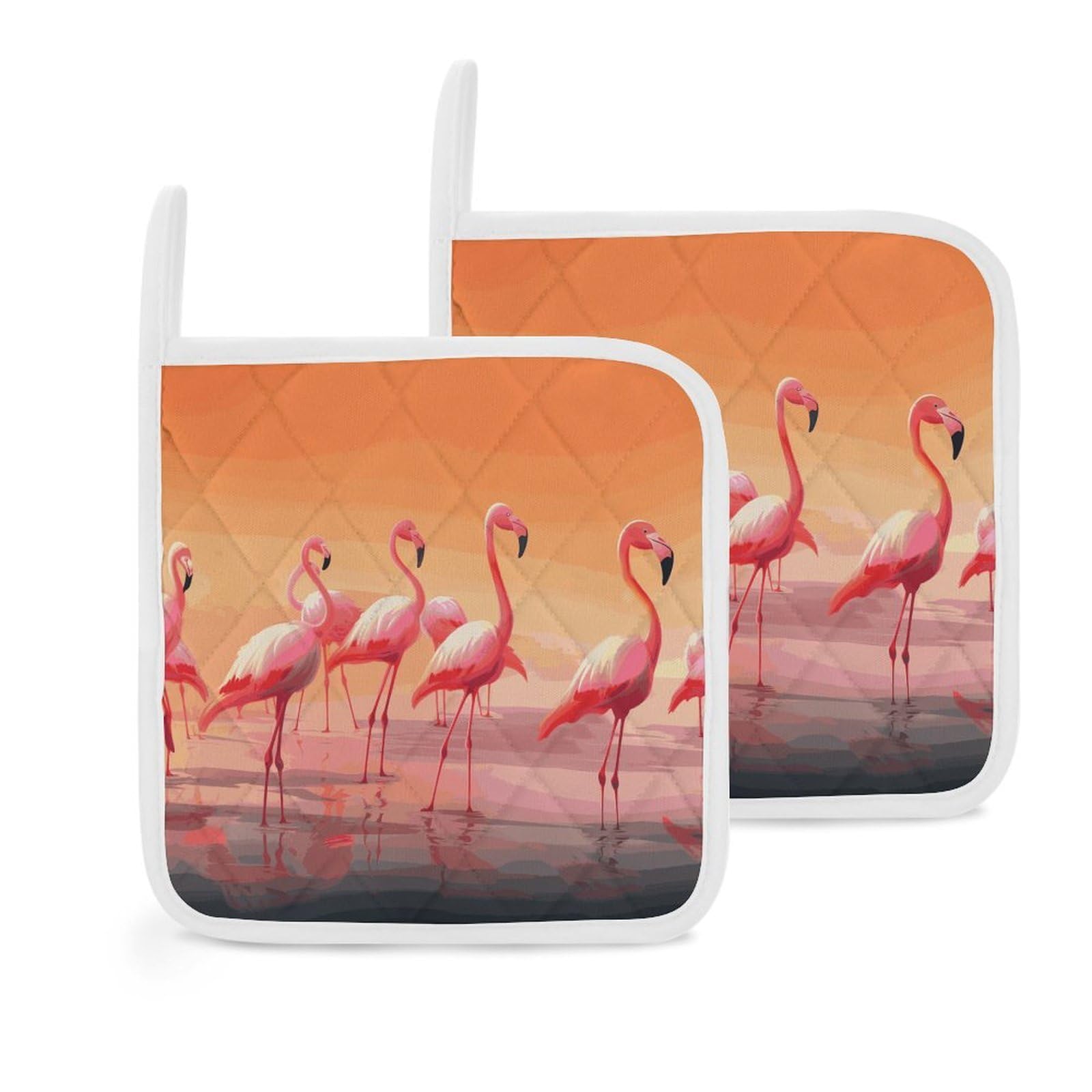 Btcowzrv Style A Flock Of Flamingos 2 Pack Pot Holders For Kitchen, Heat Resistant Potholder Set With Hanging Loops, Hot Pads For Oven Baking Cooking